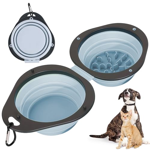 Blue Collapsible Dog Bowls with Carabiner 2-in-1 Foldable Slow Food Bowl(130g)&Water Bowl(320ml) for Dogs and Cats Travel - color: Blue