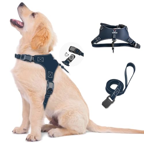 Magnetic Puppy Harness and Leash with Quick Release Buckle, Easy On & Off Faux Leather Dog Harness and Leash for Small, Medium, Large Sized Dogs for Training - color: Dark Blue, size: Medium