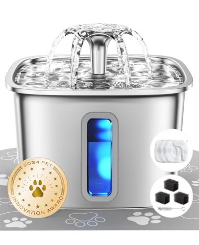 Veken Innovation Award Winner Stainless Steel Cat Water Fountain, 108oz/3.2L Automatic Pet Fountain Dog Water Dispenser with 3 Replacement Filters & Silicone Mat, Gifts for Cats, Dogs (Silver) - color: Silver+3 Filters+3 Sponges, size: 108oz (Higher Fill
