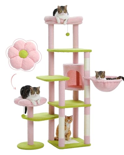 MUTTROS 59" Flower Cat Tree, Tall Cat Tree for Large Cat, Multi-Level Cat Tower, Cute Cat Tree for Indoor Cats, Cat Condo with Large Hammock, Scratching Post, and 2 Perches, Pink - color: Flower Pink, size: 59"