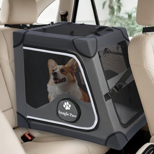 Portable Dog Crate for Car Travel,Metal Frame Pet Crate,Pet Carrier for Car Back Seat Secures with Headrest Strap and Seatbelt,M,Gray - color: Gray, size: Medium
