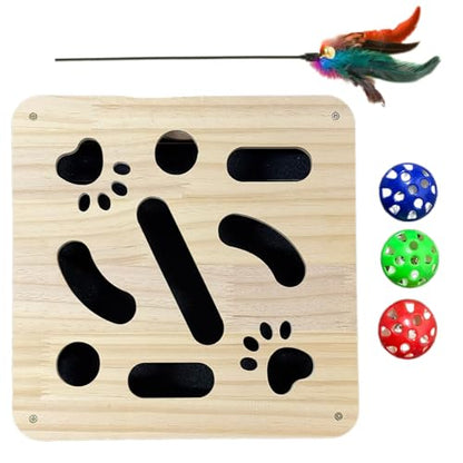 2026 Upgrade Cat Nail File Box, No Assembly Required, Solid Wood Cat Nail File Enrichment Box with 3 Bell Balls, 1 Teaser Wand & Replacement Sandpaper, Stress-Free Alternative to Clippers & Grinders