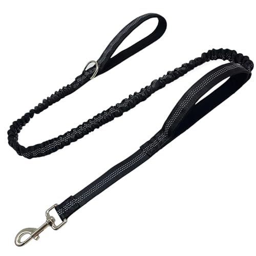5FT Bungee Dog Leash with 2 Handles, Reflective Strong Nylon Traffic Leash, Shock Absorbing Lead for Large Medium Dogs Walking Training Controlling, Black - color: Black
