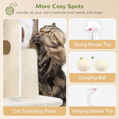 Globlazer Cat Tree Tower for Indoor Cats, 50-inch Adult Cat Tree House for Large Adult Cats with Steps, Scratching Post, 2 Cat Caves, Dangling Toys, FC50, Beige - color: Beige