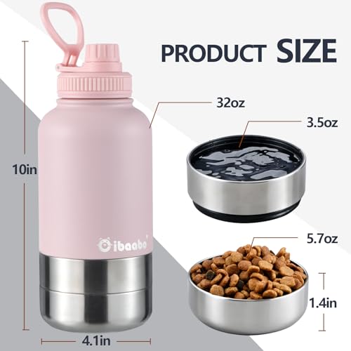 Cibaabo Insulated Dog Water Bottle with 2 Bowls, 32oz Travel Stainless Steel Double Wall Thermos, Portable Pet Dispenser, Gifts for Puppy Small Medium Dogs Walking Hiking and Camping - color: Blush Pink