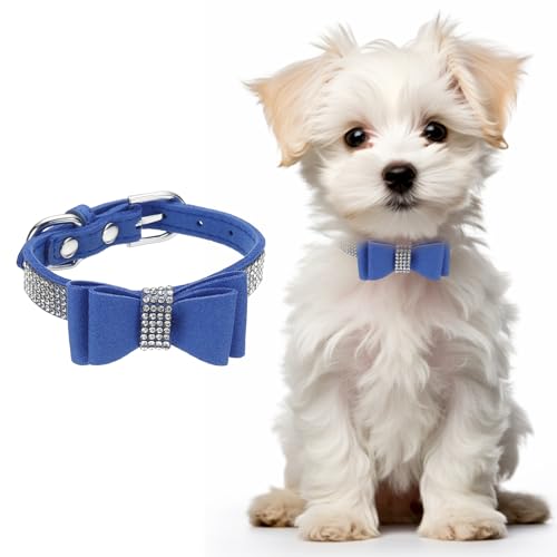 Cute Dog Collar with Bling Rhinestone, Bling Dog Collar Adjustable Leather Diamond Sparkling Jewel Accessories 12", (Dark Blue), Intended for Teacup/Cat/Small Medium Large Pet - color: Dark Blue, size: 12 Inch
