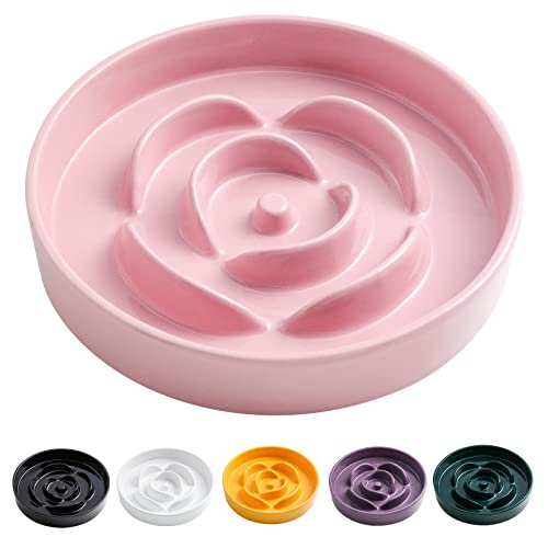 8.66 in Pink Ceramic Slow Feeder Dog Bowl for Medium and Large Breed,Pet Feeding Dog Food Water Dish Heavy Weighted,Puppy Bowl for Fast Eaters,Puzzle Slow Eating Dish Modern Cute - color: Pink Slow Feeder