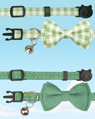 Cat Collar Breakaway Bowtie Safety with Bell Adjustbale Kitten Puppy Solid Plaid Color Set J-[2pcs] Green - color: J-[2pcs] Green