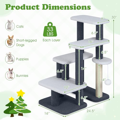 PETSITE 30-inch Small Cat Tree, Multi-Level Modern Cat Stairs with Sisal Scratching Post, Hanging Ball, and Multiple Jumping Platforms