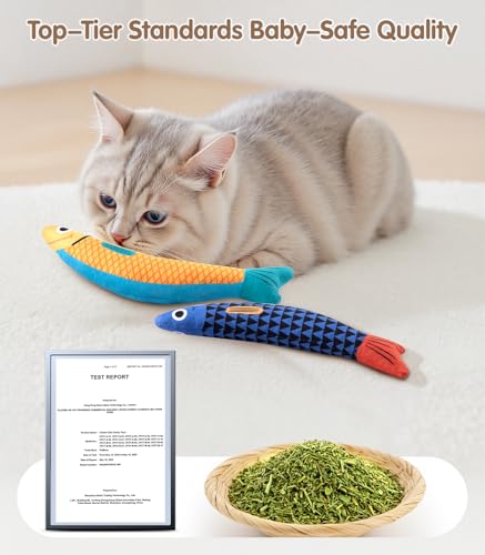 PetBusy Cat Toys with[5000mg A+Natural Catnip &Silvervine] [Baby Grade] Interactive Soft Chew Kicker Cat Toys for Indoor Cats & Kittens, [Crinkle &Bell] Fish Sound Toy, Drives Bored Cat Crazy with Fun - color: Blue+Yellow