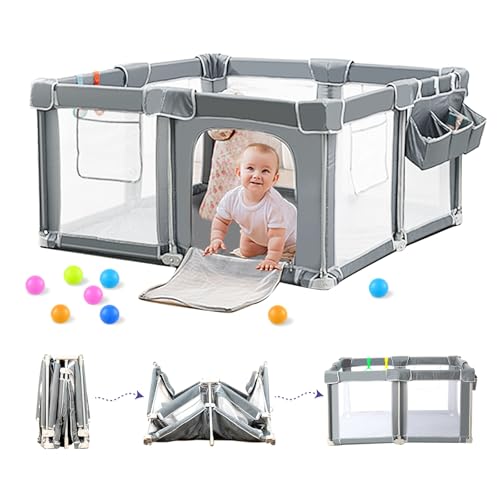 CAPAKIDS Foldable Baby Playpen 59"×71", Out-of-The-Box Ready Playpen for Babies and Toddlers, Portable Play Yard with Breathable Mesh & Gates, Storage Bag & 4 Handlers for Indoor & Outdoor - size: 59"x71"