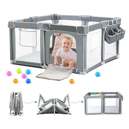 CAPAKIDS Foldable Baby Playpen 59"×71" with Mat, Out-of-The-Box Ready Playpen for Babies and Toddlers, Portable Play Yard with Breathable Mesh & Gates, Storage Bag & 4 Handlers for Indoor & Outdoor - size: 59"x71" with Mat