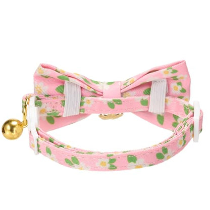 2 Pack Cat Collars, Removable Bowtie, Floral Pattern, Safety Breakaway Clasp, Adjustable for Cats.(Adult Cat, Purple and Pink dasiy) - color: Pink+Purple