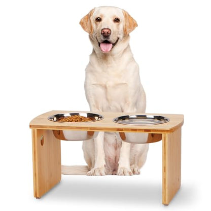 Elevated Dog Bowls, Bamboo Raised Dog Bowl for Large Dogs & Medium Dogs, with 2 Stainless Steel Bowls (10'' Tall–48 oz Bowl) - color: Natural, size: Large: 10'' Tall-48oz Bowl