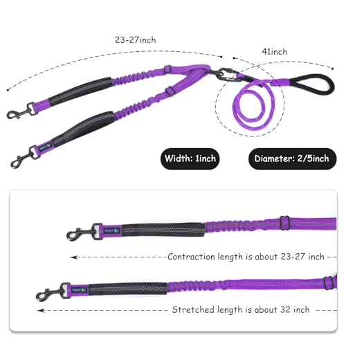 Double Dog Leash No Tangle – Dual Dog Leash for 2 Dogs with Shock Absorbing Bungee, 360° Swivel, Reflective Safety, Heavy Duty for Medium & Large Dogs (Vibrant Purple) - color: Vibrant Purple