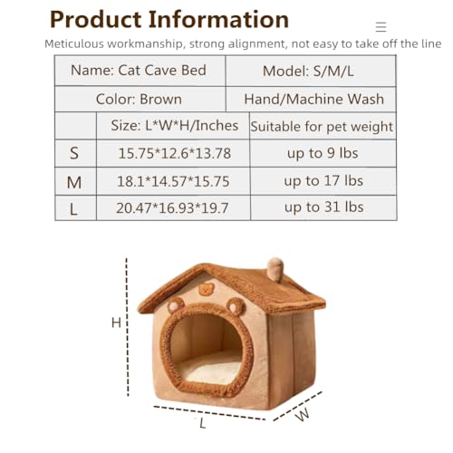 Cat Bed for Indoor Cats,Cozy Cat Cave Bed Cat House Cat Tent with Removable Cushion Pillow,Soft Warm Pet House Puppy Bed,Cute Bear Pet Nest for Cat Kitten Small Dogs (Brown, L-20.5x16.9x19.7 Inches) - size: L-20.5x16.9x19.7 Inches