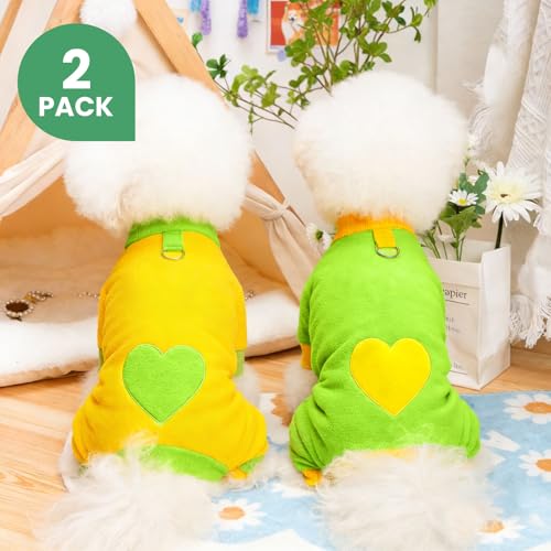 2 Pack Dog Pajamas Small Sized Dog Fleece Pajamas Cute Dogs Fleece Sweater Doggy Sweater Love Pattern Onesies for Pjs Small Dogs Clothes - color: green, size: Large(suggest Length of Back 14.6'')