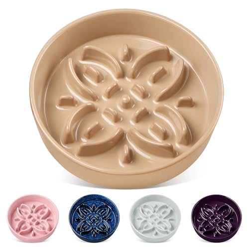 vancasso Ceramic Slow Feeder Dog Bowls, Puzzle Dog Food Bowls with Floral Maze, Anti -Slip Pet Food Dish for Medium Breed, 1.5 Cups, Brown - color: Brown, size: M-1.5 Cups