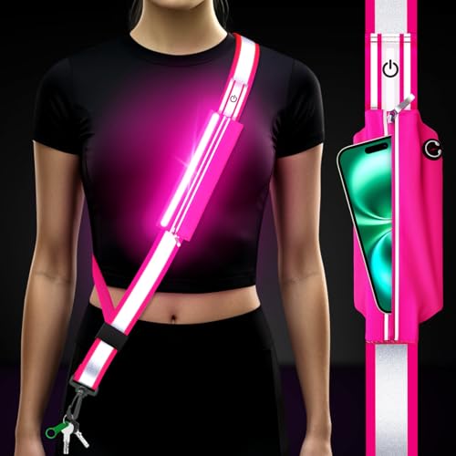 LED Reflective Sash Gear for Walking at Night,Reflective Belt Safety Lights,Lights for Night Dog Walking,High Visibility Type-C Rechargeable Light Up Running Gear for Runners Walkers Men Women - color: Pink