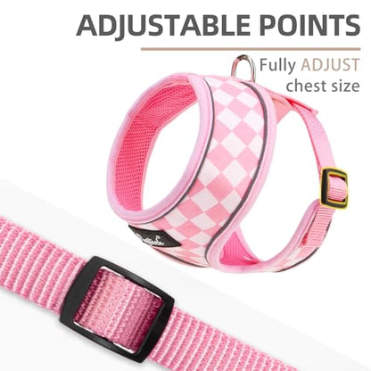 PUPTECK Soft Mesh Dog Harness and Leash Set Pet Puppy Cat Comfort Padded Vest No Pull Harnesses, Checkered Pink&White, XS - color: Checkered Pink&White, size: XS (NECK: 10", CHEST: 10"-14")