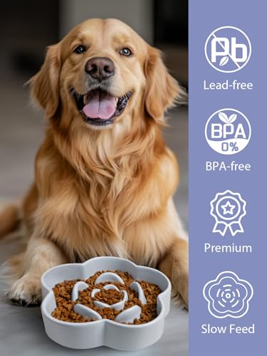Ceramic Slow Feeder Dog Bowl, Anti-Choking Slow Food Bowls, 8" 11.3oz Slow Feeder for Medium, Large Breeds, Plum Puzzle Design, Non-Slip Silicone, Dishwasher and Microwave Safe, Blue - color: Blue