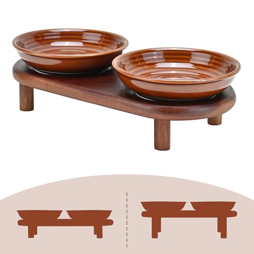 SPUNKYJUNKY Shallow Elevated Cat Bowl with Acacia Wood Stand Wide Raised Ceramic Cat Dishes Whisker Friendly Pet Food and Water Plates (Striped Pattern, Brown) - color: Brown