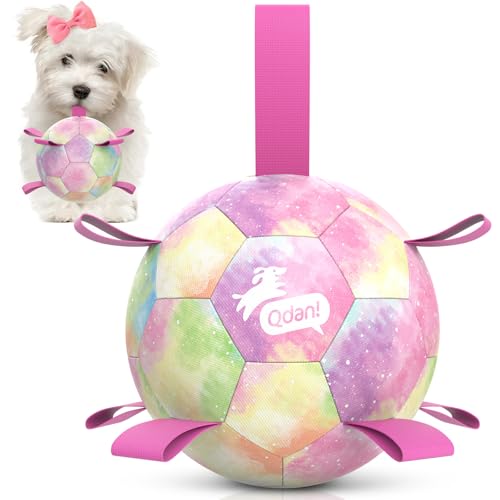 QDAN Dog Balls, Dog Soccer Ball with Straps, Pink Girl Puppy Toy Balls for Small Medium Dogs, Outdoor Water Pool Toys, Puppy Pet Birthday Gifts, Rainbow（6 Inch） - color: A-Colorful Pink, size: Medium Size 2