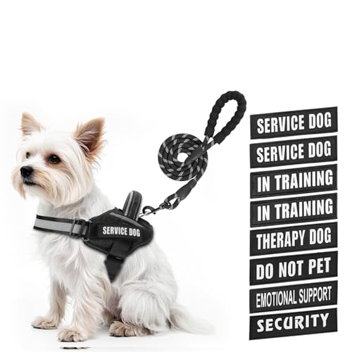Service Dog Vest Harness and Leash Set, Animire in Training Dog Harness with 10 Dog Patches, Reflective Dog Leash with Soft Padded Handle for Small, Medium, Large, and Extra-Large Dogs - color: Black, size: XXS