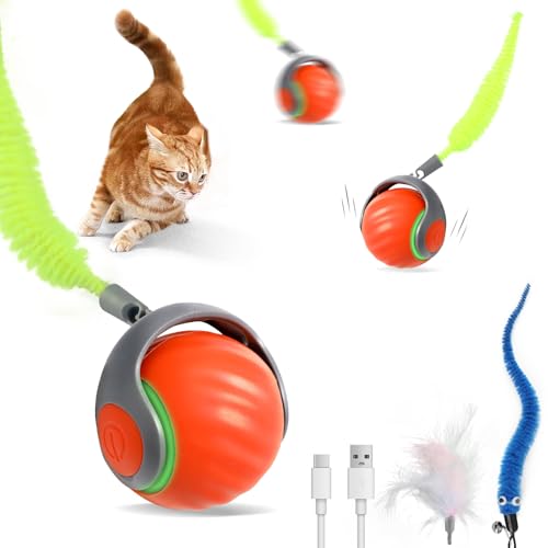 Automatic Interactive Cat Toy Ball with 3 Tails，Rechargeable Moving Cat Toy for Indoor Cats，Cat Toys Balls for Indoor Cats|Fun Interactive Cat Toys & Perfect Cat Gifts，cat ChaCe Toy，Motion Activated