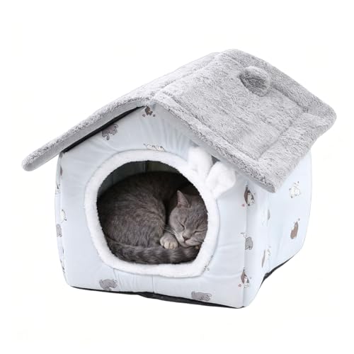Pssopp Kitten House Bed, Fully Removable and Washable 4 Seasons Universal Secure and Cozy Enclosured Environment Detachable Soft Cat Tent Bed for Indoor Use (Gray)