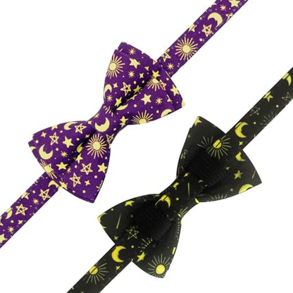2 Pack Cotton Cat Collar with Bow Tie and Bell for Girl Boy Cats,Cute Pink Flamingo and Blue Whale Pattern Spring Summer Breakaway Cat Collar for Male Female Cats (Moon) - color: Moon