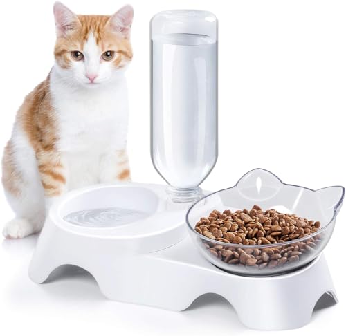 MILIFUN Double Dog Cat Bowls - Pets Water and Food Bowl Set, 15°Tilted Water and Food Bowl Set with Automatic Waterer Bottle for Small or Medium Size Dogs Cats - color: White