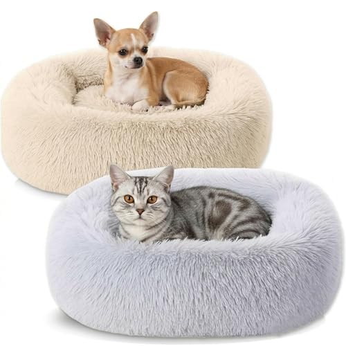 2-Pack Small Calming Dog & Cat Bed Anti Anxiety Fluffy Plush Pet Beds with Anti-Slip Bottom Machine Washable Interchangeable Pet Bed for Kittens & Puppies(Cream and Light Gray,21x16.5 Inch) - color: Cream and Light Gray