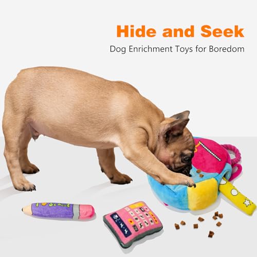 Hide and Seek Dog Toys, Squeaky Interactive Puzzle Dog Toys for Boredom and Stimulation, Dog Enrichment Toys with Rope for Small and Medium Dogs - style: I-Schoolbag