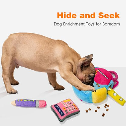 Hide and Seek Dog Toys, Squeaky Interactive Puzzle Dog Toys for Boredom and Stimulation, Dog Enrichment Toys with Rope for Small and Medium Dogs - style: I-Schoolbag