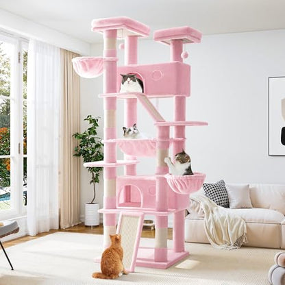 Allewie 81 Inches Tall Cat Tree/Multi-Level Large Climbing Tree House and Towers for Big Feline/Condo and Hammock/Scratching Post/Wide Base/Pink - color: Pink