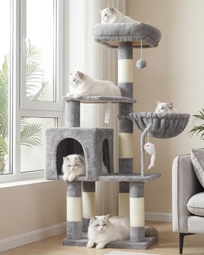 Heybly Cat Tree with Toy, Cat Tower Condo for Indoor Cats, Cat House with Padded Plush Perch, Cozy Hammock and Sisal Scratching Posts, Light Gray HCT004SW - color: Light Gray, size: 43.3 inch