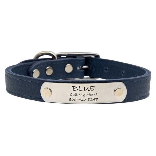 dogIDs Personalized Soft Designer Leather Dog Collar - Adjustable, Odor Resistant, Built-in Custom Laser Engraved Rivet on Name Plate - Navy Blue - 1 in Wide x 17 in Neck - color: Navy Blue, size: 1 in wide x 17 in (its 15-19 inch necks)