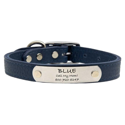 dogIDs Personalized Soft Designer Leather Dog Collar - Adjustable, Odor Resistant, Built-in Custom Laser Engraved Rivet on Name Plate - Navy Blue - 1/2 in Wide x 7 in Neck - color: Navy Blue, size: 1/2 in wide x 9 in (its 6-8 inch necks)