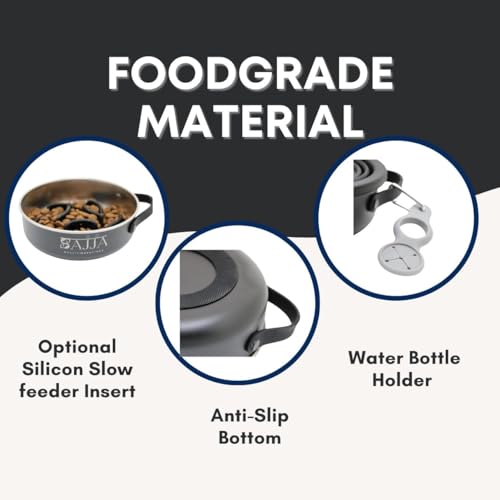 Black Slow Feeder Travel Dog Bowl Set | 30oz Stainless Steel + 20oz Collapsible Silicone Dish | Water Bottle Holder| Non-Slip, Anti-Choking, BPA-Free | We Give Back - color: Slow feeder Black Bowl