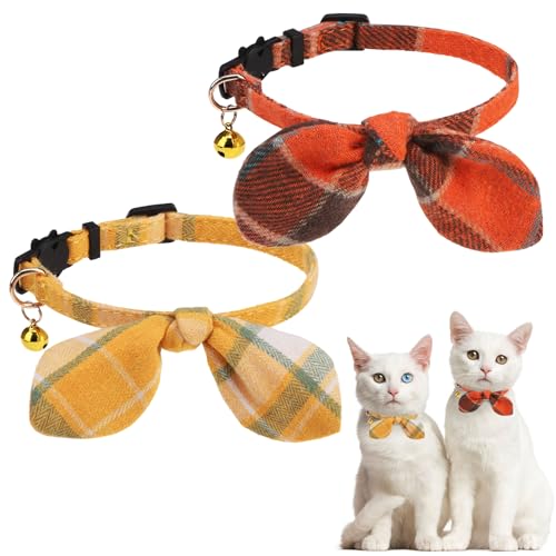 KOOLTAIL Cat Collar Breakaway with Bowtie and Bells, 2 Pack Cute Kitten Collars for Boys & Girls, Classic Plaid Design with Safety Buckle Adjustable for Small Large Cats Puppy,Yellow & Orange - color: Yellow & Orange