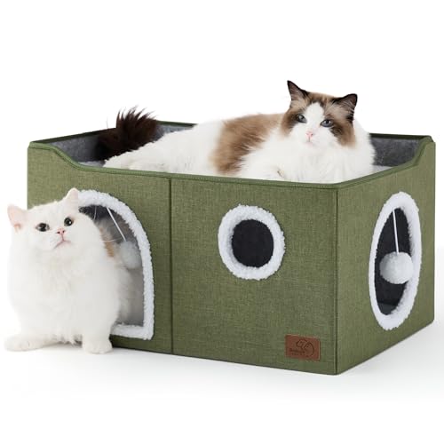 Bedsure Large Cat Beds for Indoor Cats - Extra Wide Cat Cube House for Small Pet with Fluffy Ball Hanging and Scratch Pad, Foldable Pet Cave Hideaway for Multiple Cats, 23.6x16.9x13 inches - color: Loden Green, size: Widen