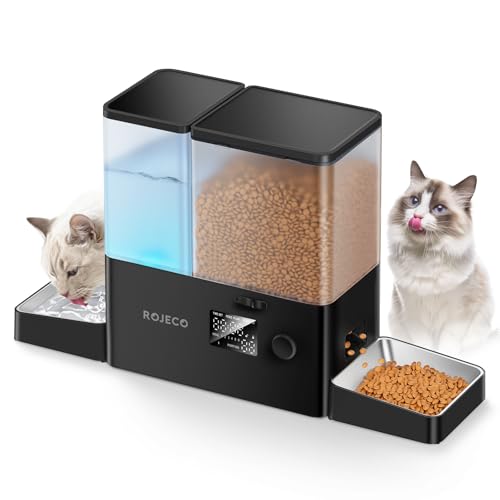 Rojeco 36Cups/8.5L Pet Automatic Cat Feeder and Gravity Water Dispenser,Stainless Steel Bowls 2-in-1 Set Large Capacity 5L Food Feeder and 3.5L Water Fountain for Cats,Pets,Small Dogs,Black - color: Black, size: 8.5L-Standard
