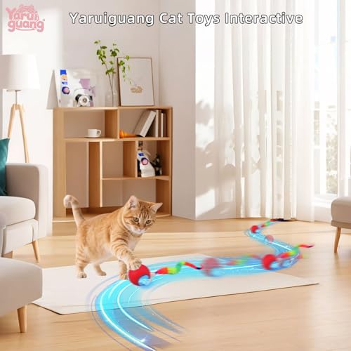 Speedy Tail 2.0 Cat Toy – 2 Replaceable Tails, Controllable Chirping, Motion Activated Rolling Ball, USB Rechargeable – Enrichment & Exercise for Bored Indoor Cats, Kittens (Red) - color: A-Red