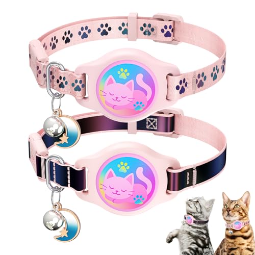 Cat Collar with Airtag Holder, 2 Pack Waterproof Breakaway Kitten Collar for Apple AirTag GPS Tracker, Adjustable Cat Collar with Buckle, Bell & Reflective Pattern for Cats, Kittens, Pink (8-11") - color: Pink