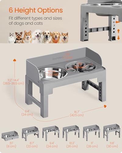 Feandrea Dog Bowls Elevated, Raised Stand with 1 Slow Feeder and Two 304 Stainless Steel Bowls, Adjustable Height and Tilted Design, Dove Gray UPRB103GD01 - color: Dove Gray