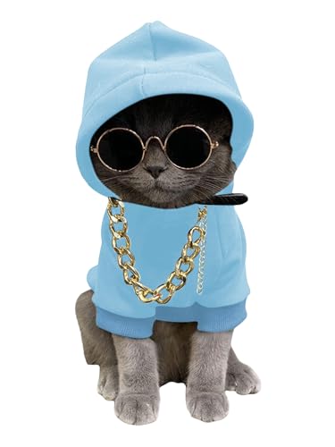 QWINEE 3Pcs Dog Hoodie Cat Apparel Dog Custume Set with Necklace and Sunglasses Pet Clothes for Puppy Small Medium Dogs Cats Light Blue XX-Small - color: Light Blue, size: XX-Small
