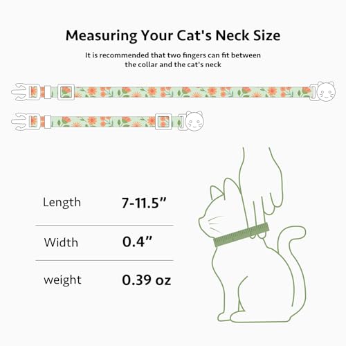2 Pack Cotton Breakaway Cat Collar Beige and Green Flowers Pendant Cute Kitten Cat Collar with Bell - color: Beige&Green