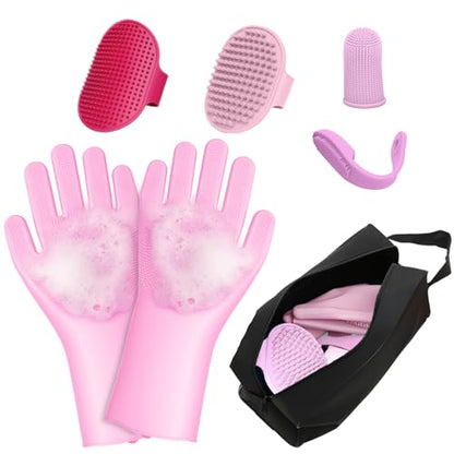 7-Piece Pet Grooming Kit with Storage Bag | Portable Bathing Set for Dogs & Cats | Includes Silicone Gloves, Deshedding Brushes & Finger Toothbrushes | All-in-One Pet Care (Pink) - color: Cherry Blossom Pink