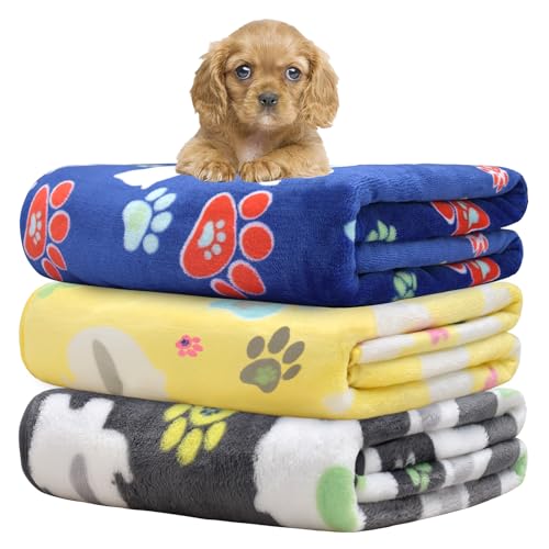 Rezutan Small Dog Blankets 3 Pack for Pet Cat Soft Fuzzy Washable Puppy Blankets,Reversible Elephant & Paw Print Suitable for Dog Kennels & Beds, Sofas Gifts Puppy Essentials, 24x20 inch - color: Grey/Blue/Yellow, size: Small,23x16Inch